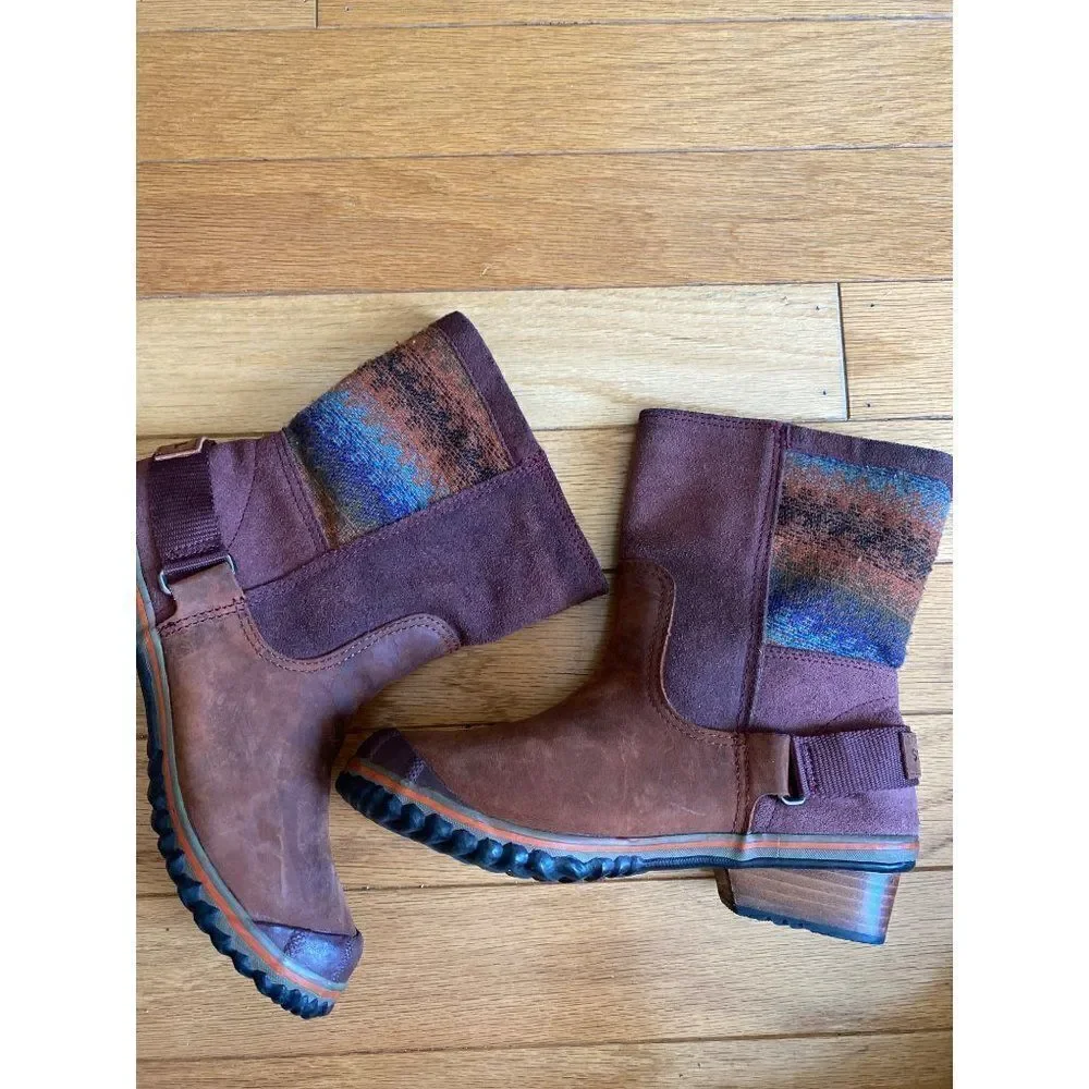 Sorel slim shortie women’a brown suede Aztec winter boot size 6.5
